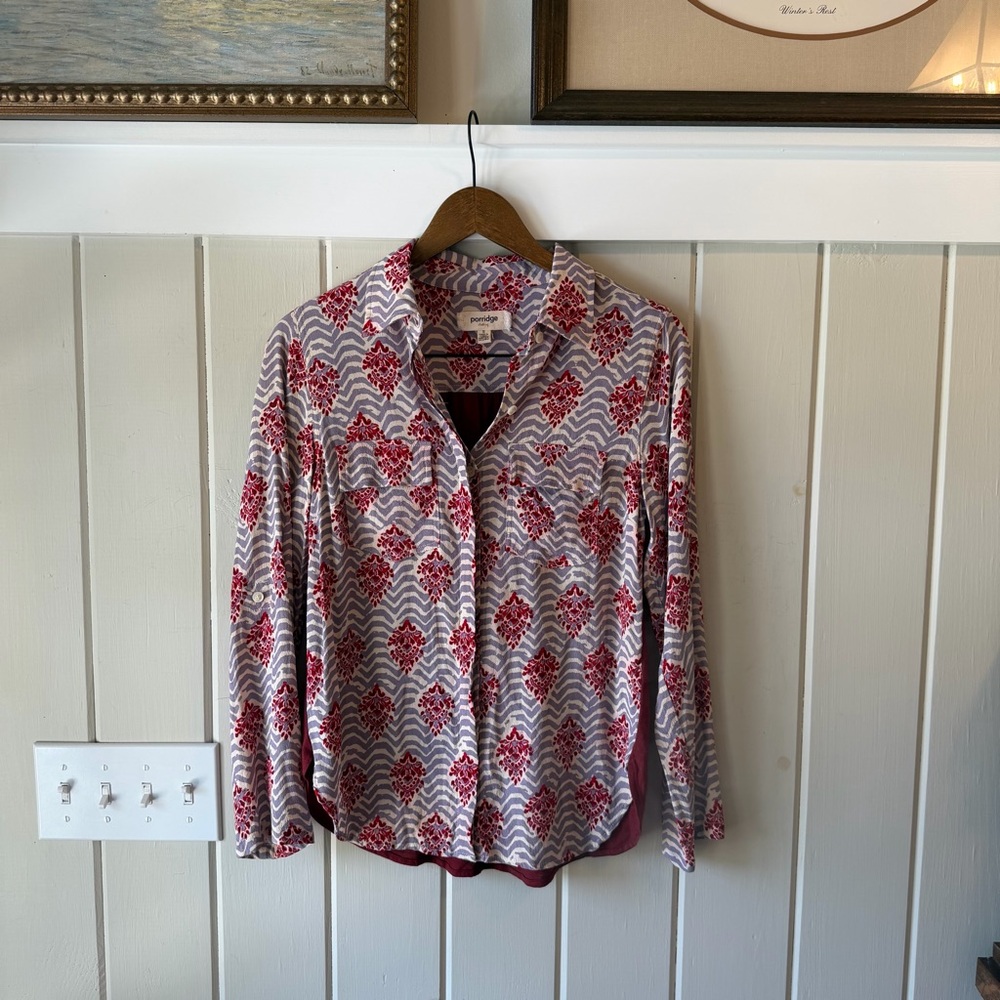 Anthropologie (Porridge) Lavender and Red Floral Button-Up Blouse, Size Small